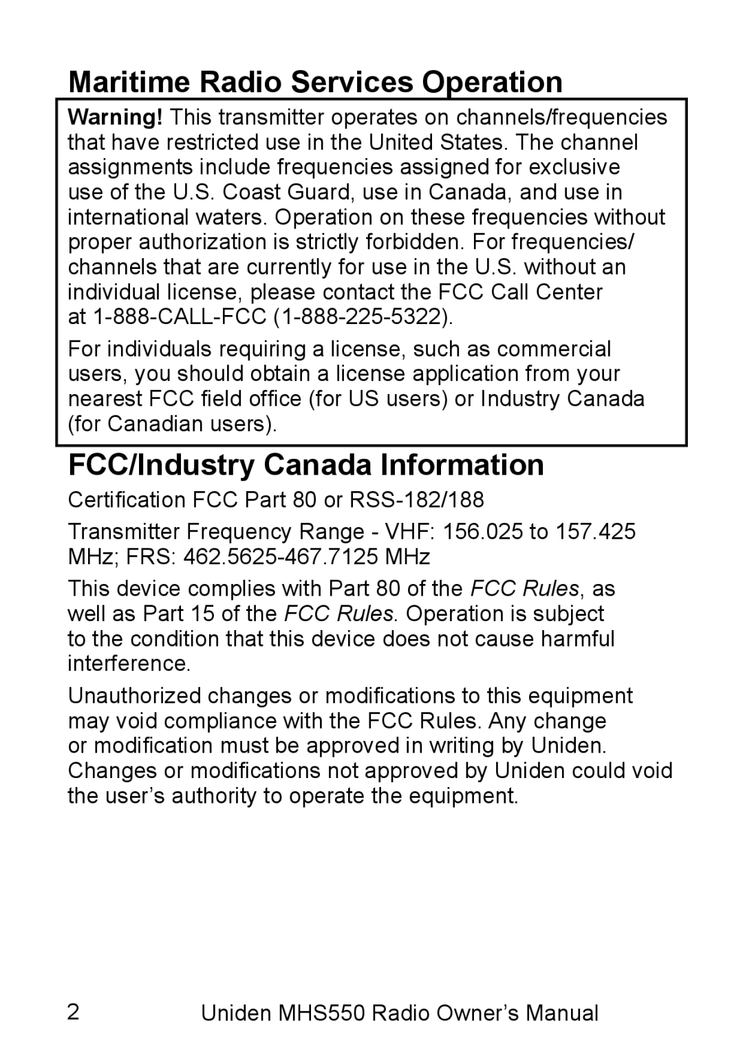 Uniden MHS550 manual Maritime Radio Services Operation, FCC/Industry Canada Information 