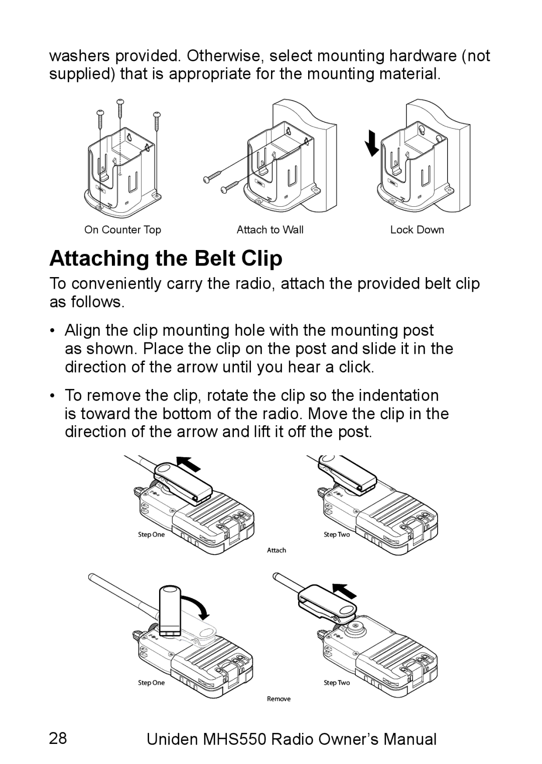 Uniden MHS550 manual Attaching the Belt Clip 