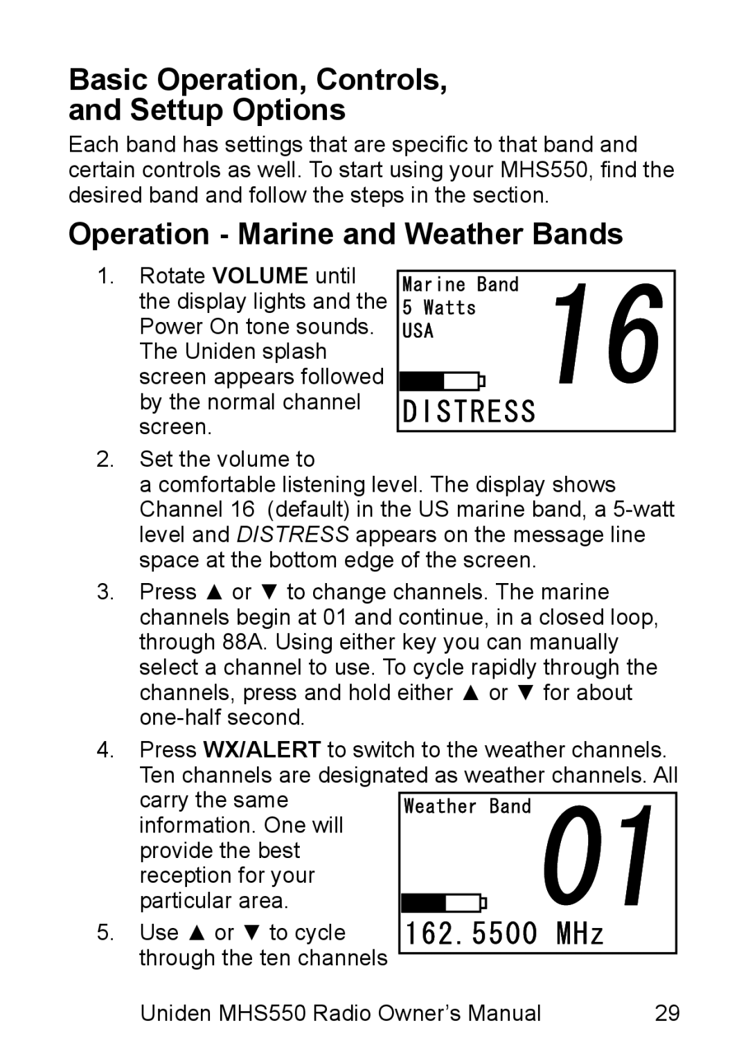 Uniden MHS550 manual Basic Operation, Controls Settup Options, Operation Marine and Weather Bands 