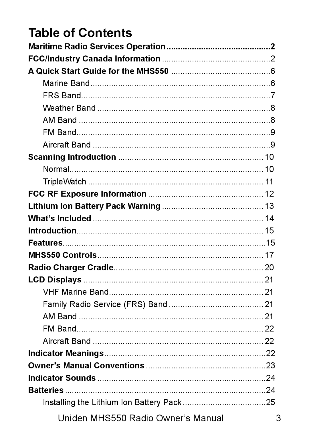 Uniden MHS550 manual Table of Contents 