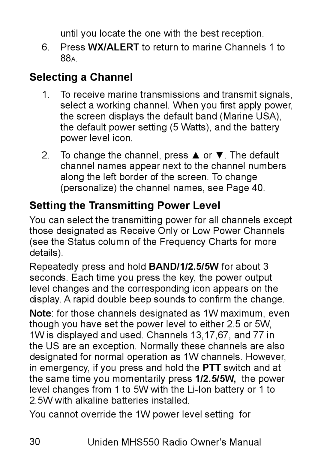 Uniden MHS550 manual Selecting a Channel, Setting the Transmitting Power Level 