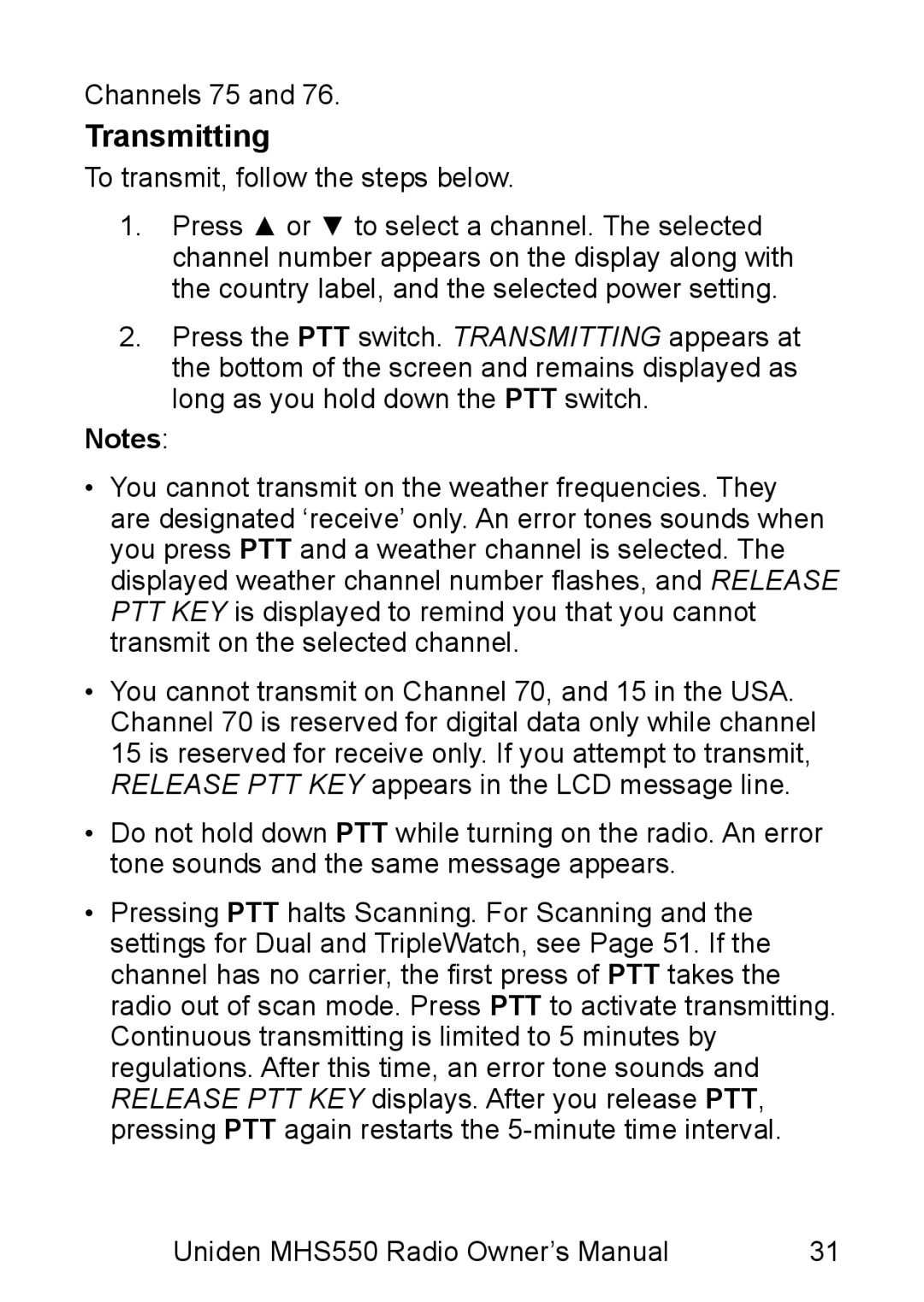 Uniden MHS550 manual Transmitting, To transmit, follow the steps below 