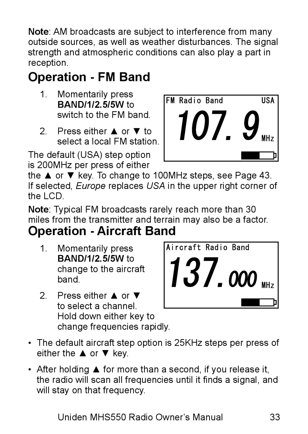 Uniden MHS550 manual Operation FM Band, Operation Aircraft Band 