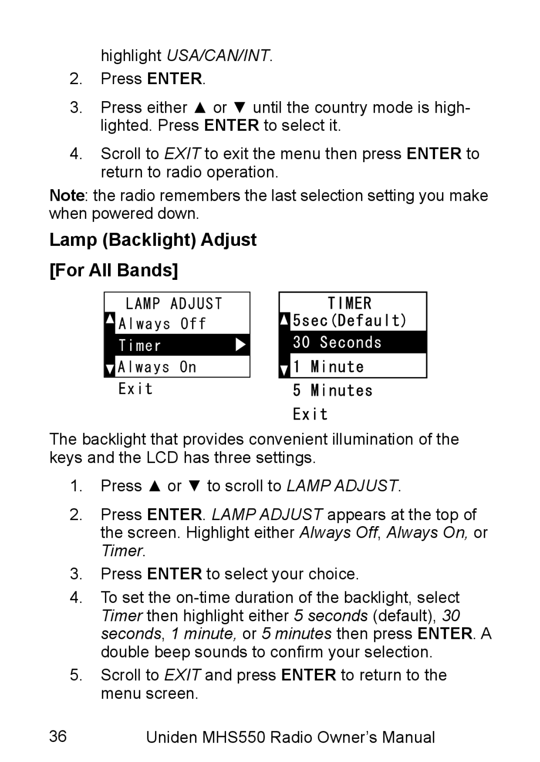 Uniden MHS550 manual Lamp Backlight Adjust For All Bands 