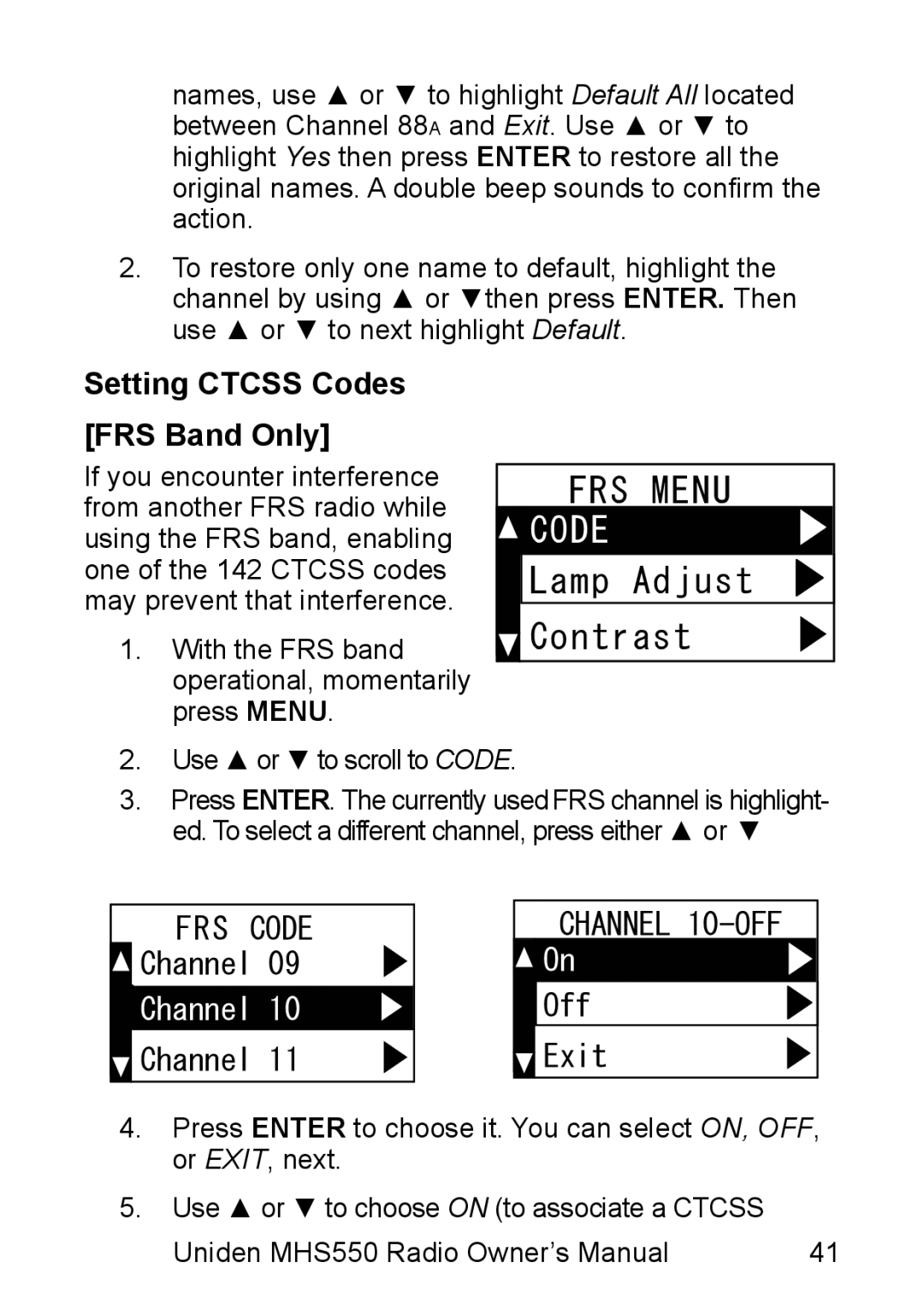 Uniden MHS550 manual Setting Ctcss Codes FRS Band Only 