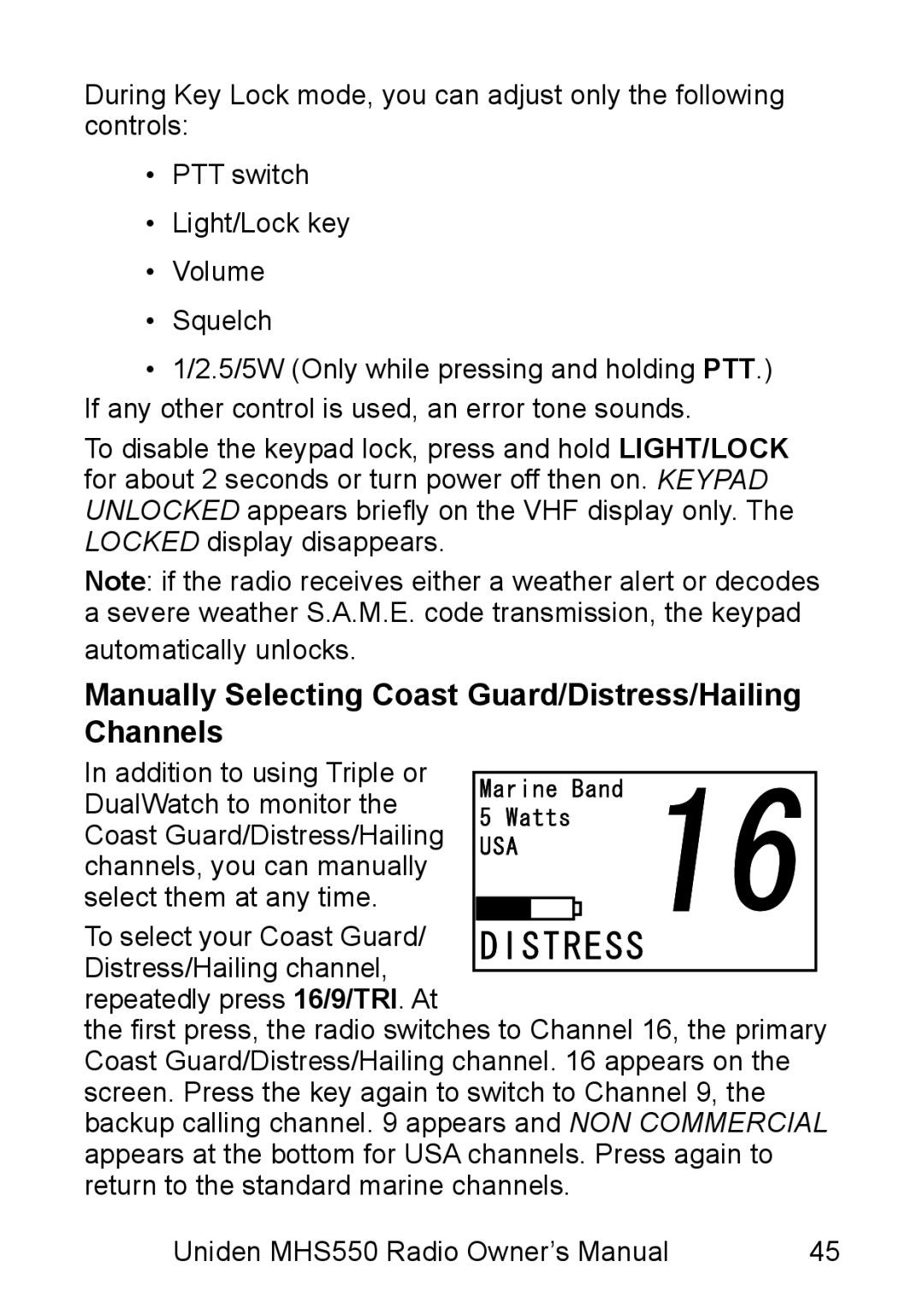 Uniden MHS550 manual Manually Selecting Coast Guard/Distress/Hailing Channels 