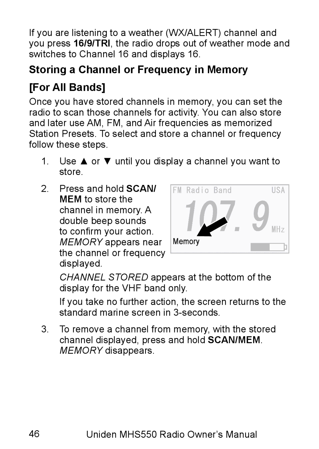 Uniden MHS550 manual Storing a Channel or Frequency in Memory For All Bands 