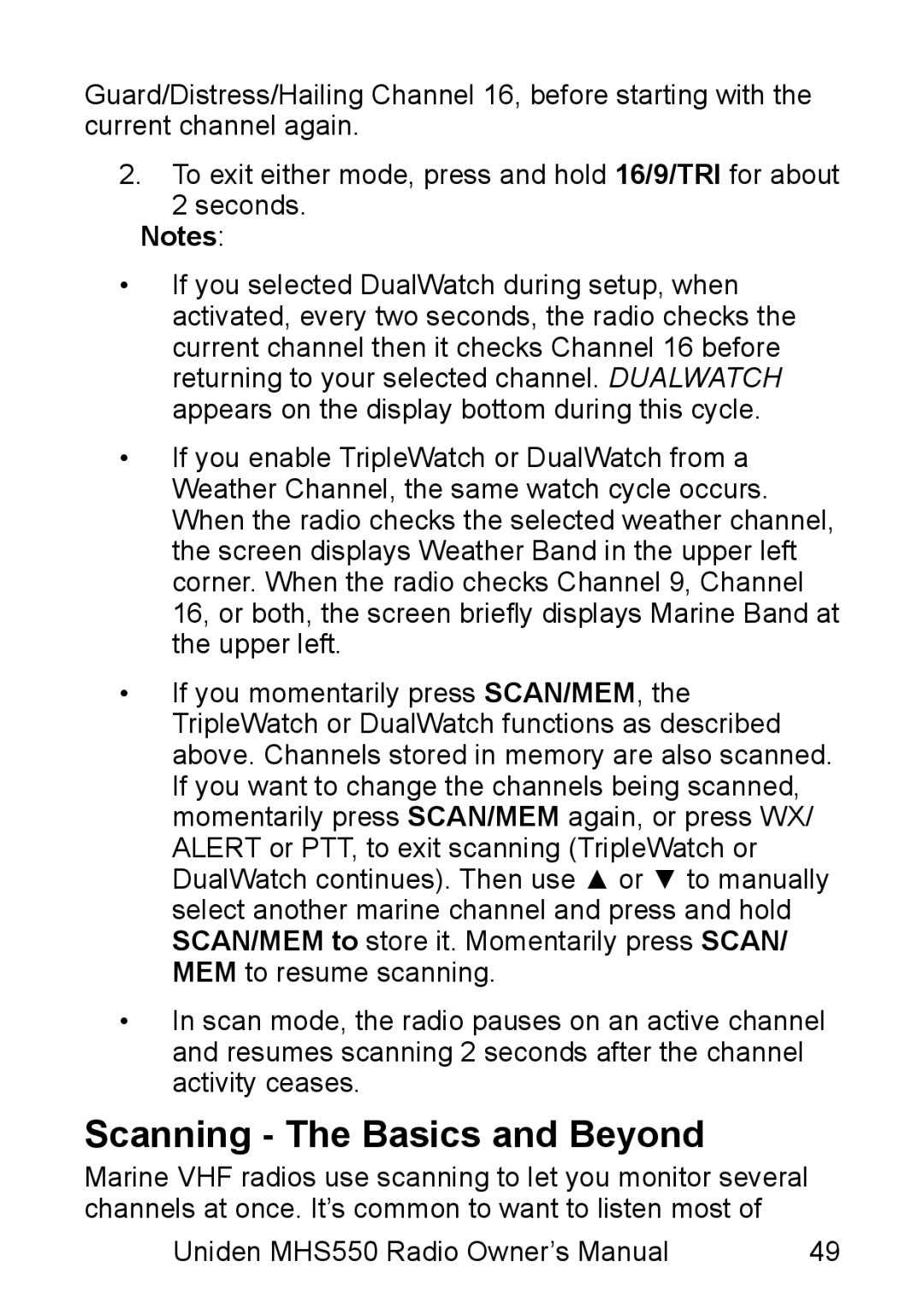 Uniden MHS550 manual Scanning The Basics and Beyond 