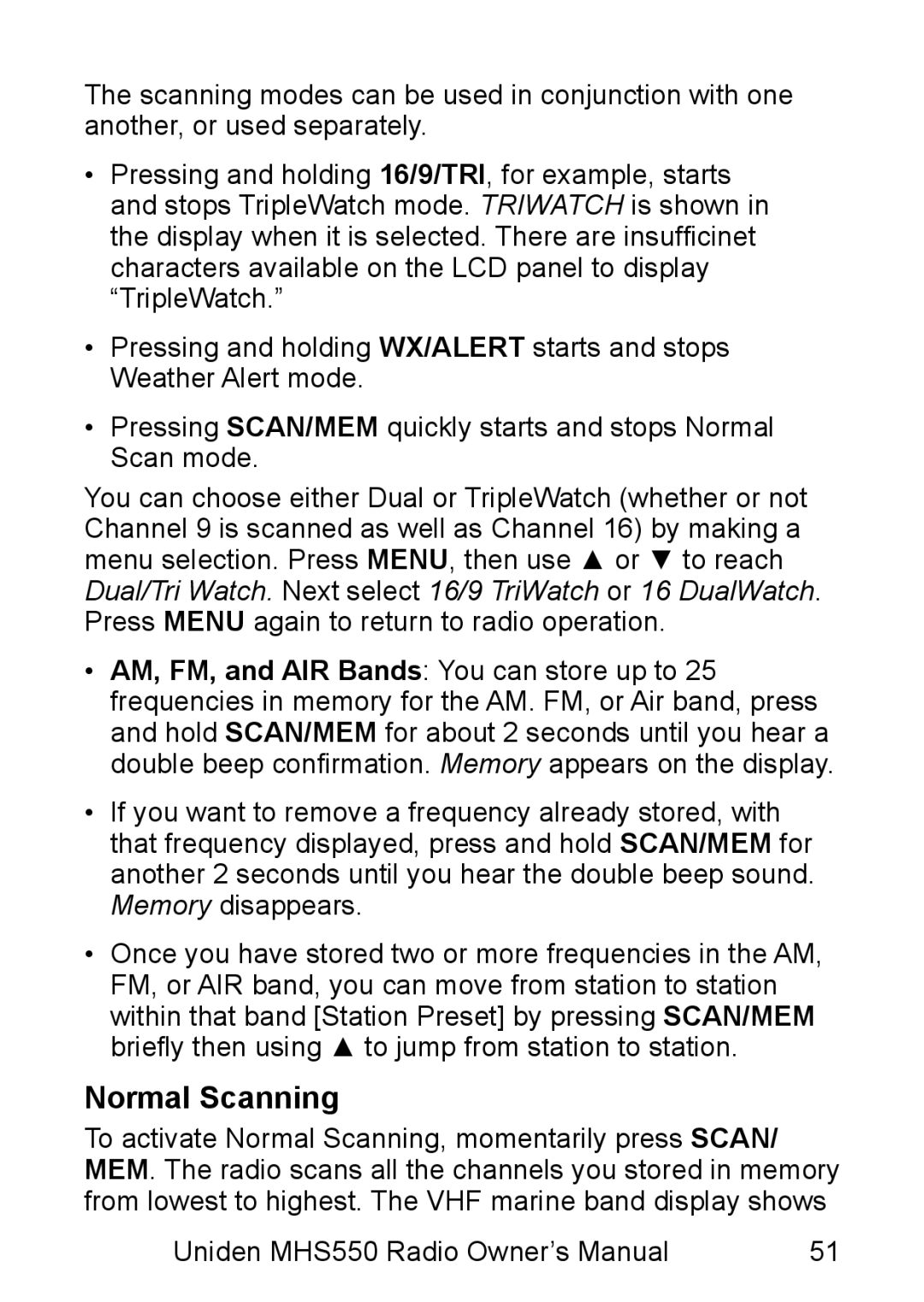 Uniden MHS550 manual Normal Scanning 