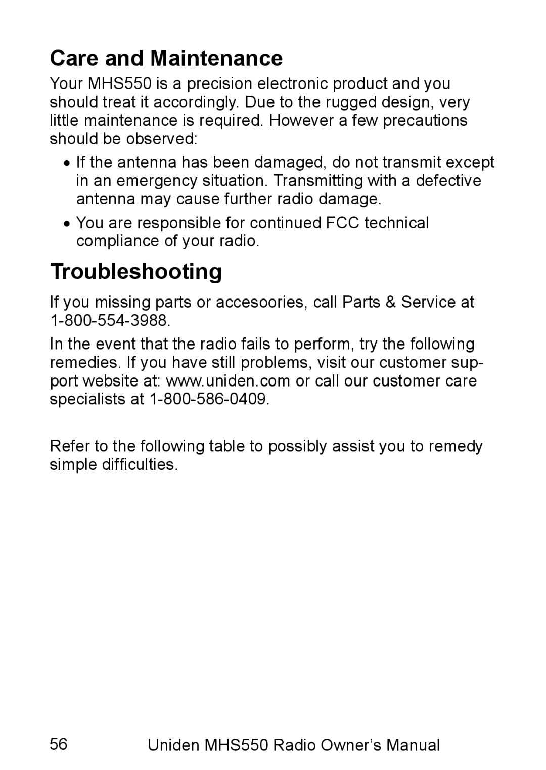 Uniden MHS550 manual Care and Maintenance, Troubleshooting 