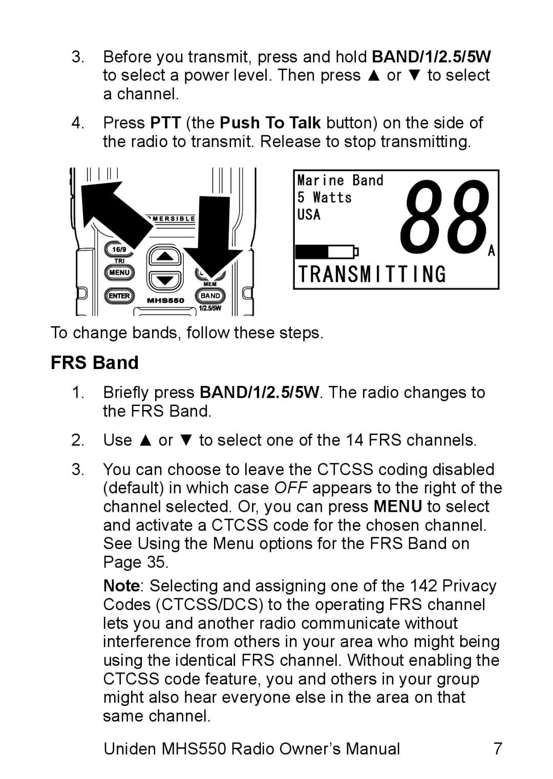 Uniden MHS550 manual FRS Band 