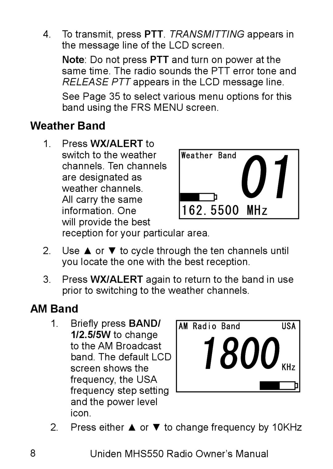 Uniden MHS550 manual Weather Band, AM Band 