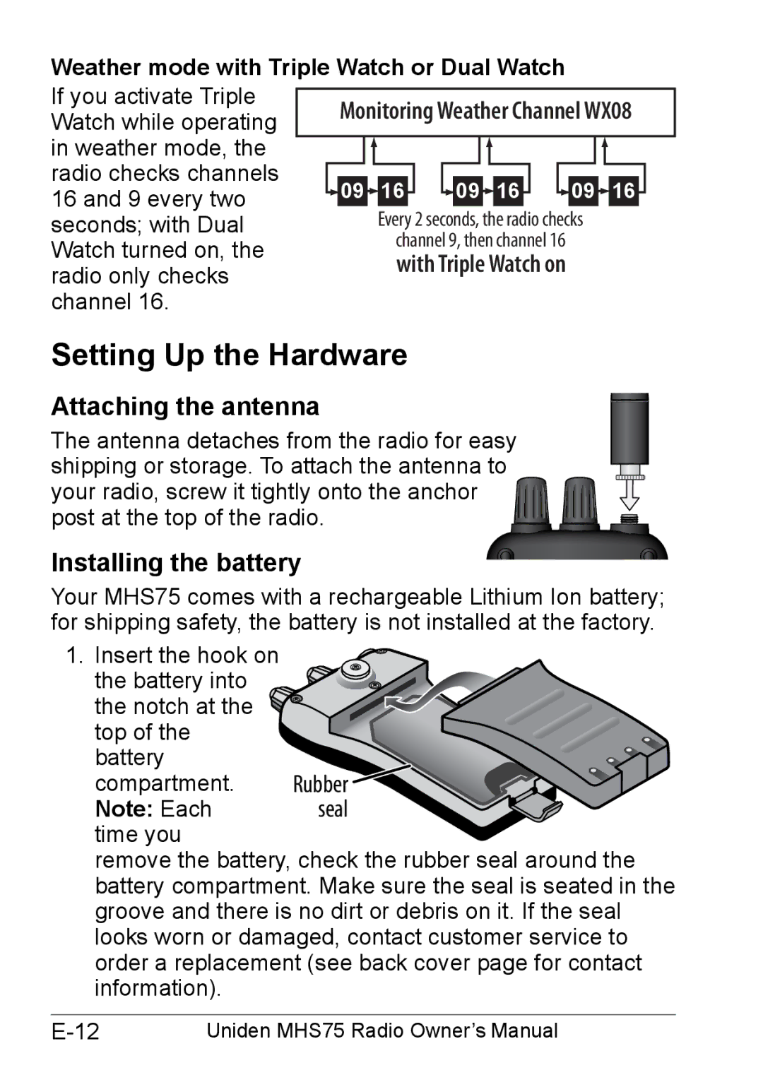 Uniden MHS75 owner manual Setting Up the Hardware, Attaching the antenna, Installing the battery 