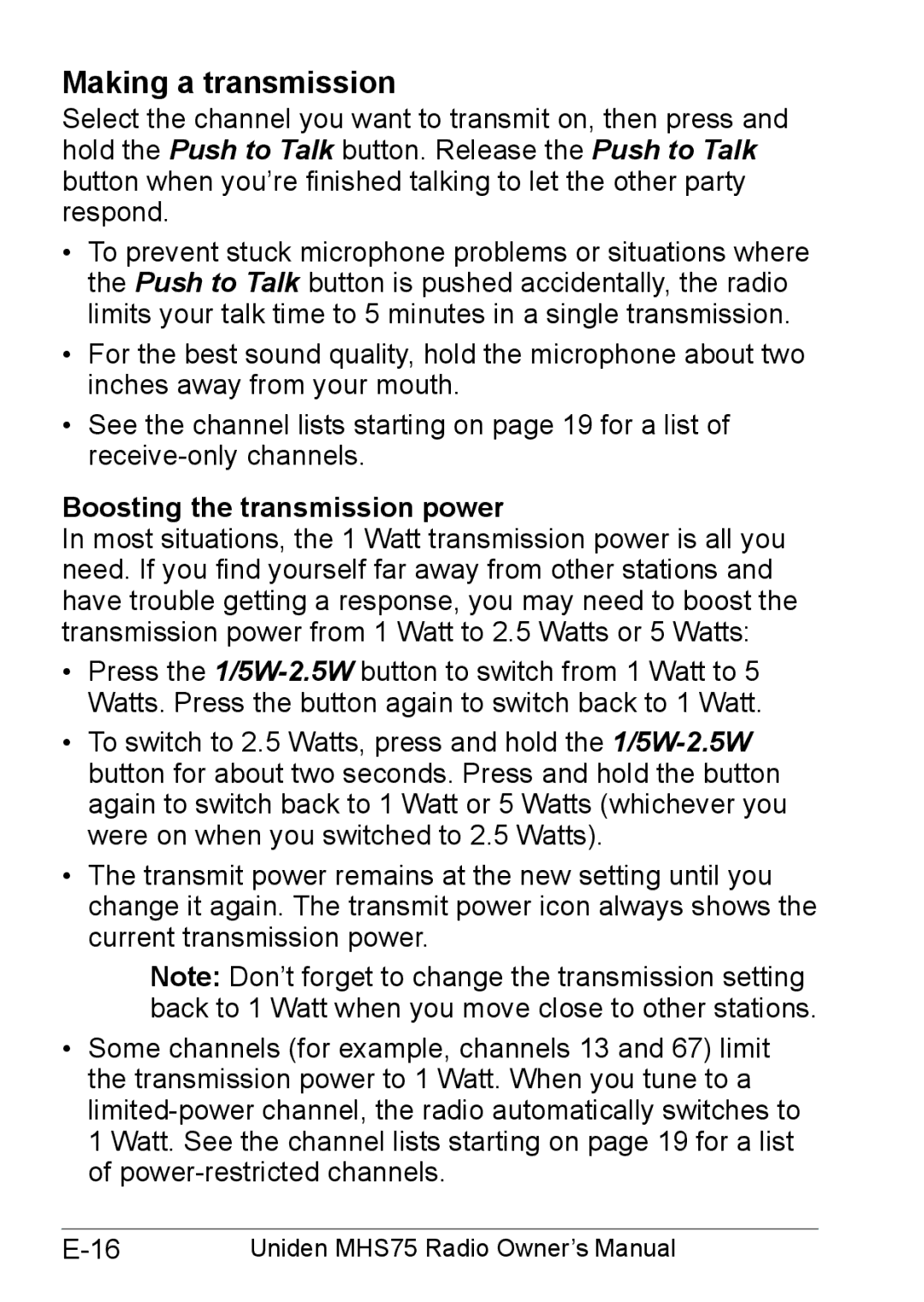 Uniden MHS75 owner manual Making a transmission, Boosting the transmission power 