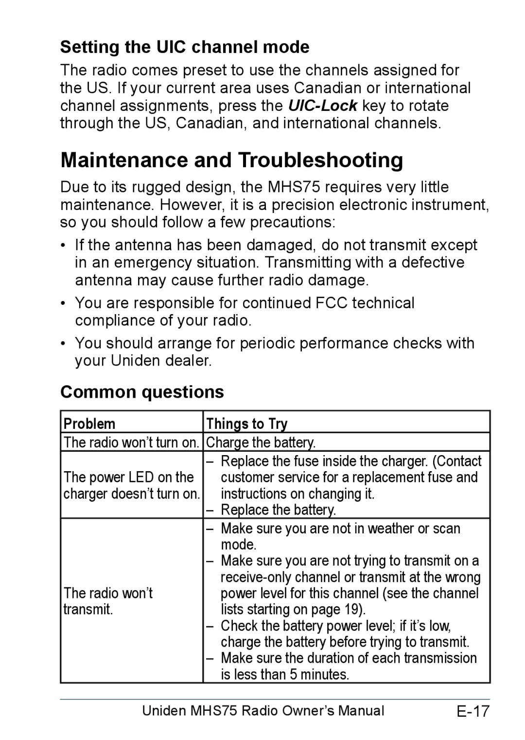 Uniden MHS75 Maintenance and Troubleshooting, Setting the UIC channel mode, Common questions, Problem Things to Try 