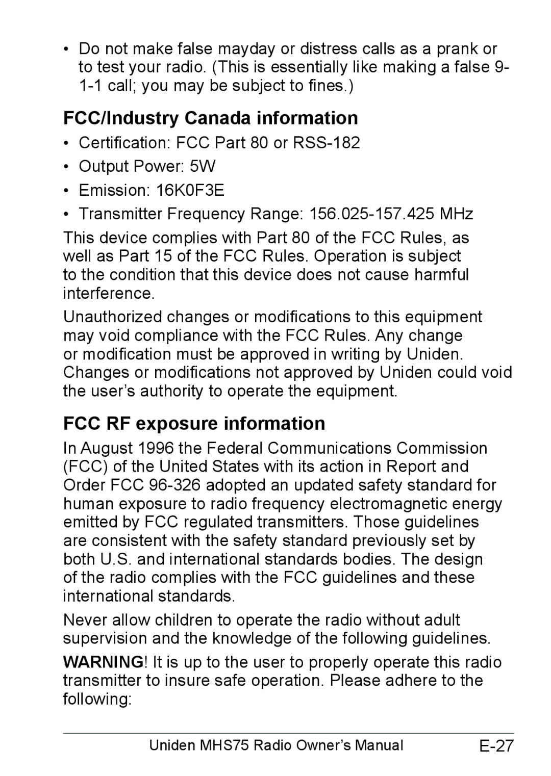 Uniden MHS75 owner manual FCC/Industry Canada information, FCC RF exposure information 