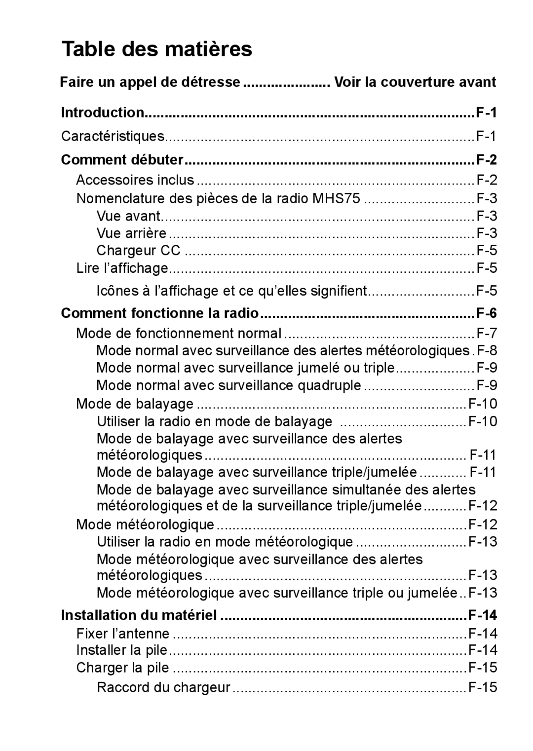 Uniden MHS75 owner manual Table des matières, Faire un appel de détresse Voir la couverture avant 