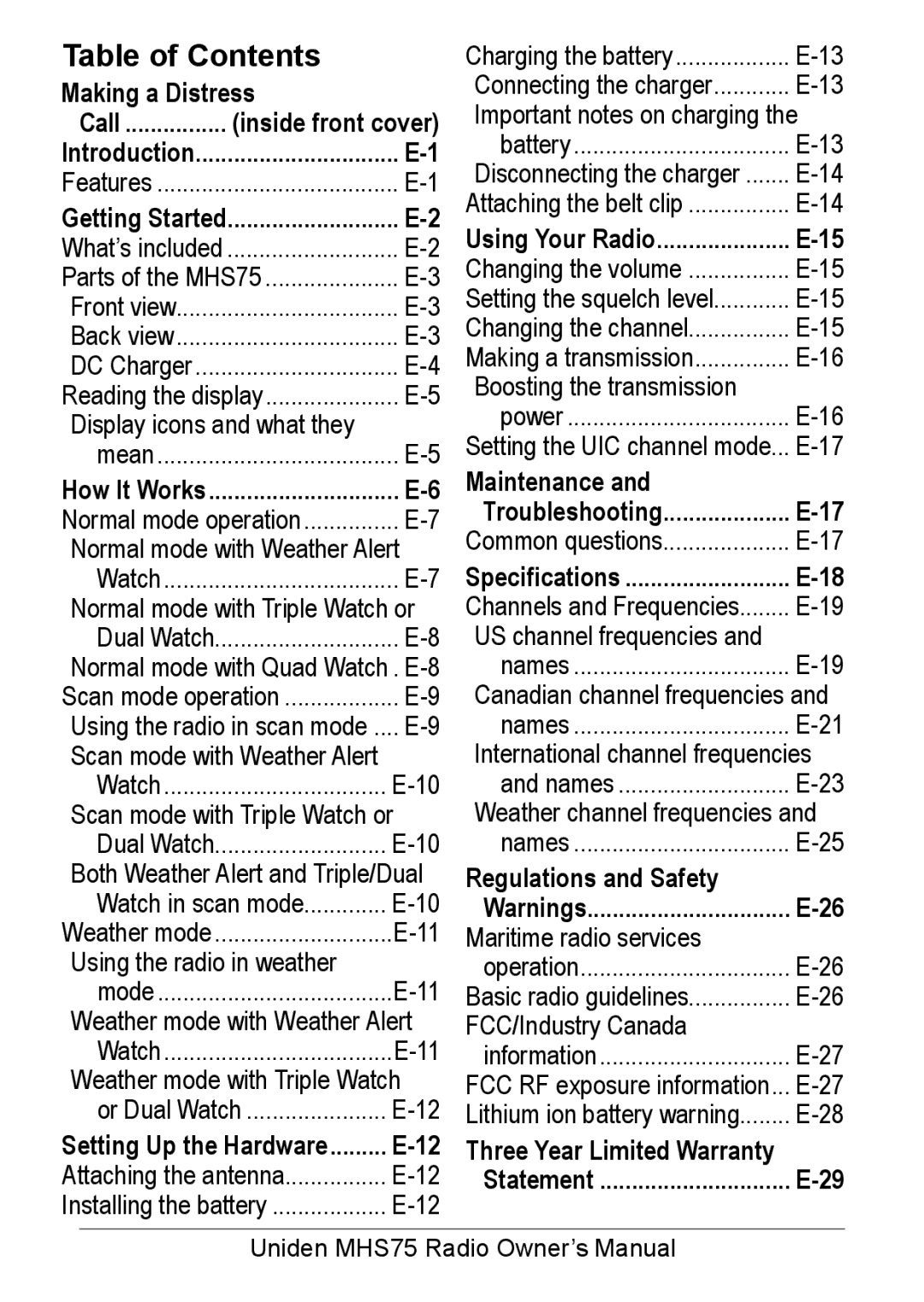 Uniden MHS75 owner manual Table of Contents 