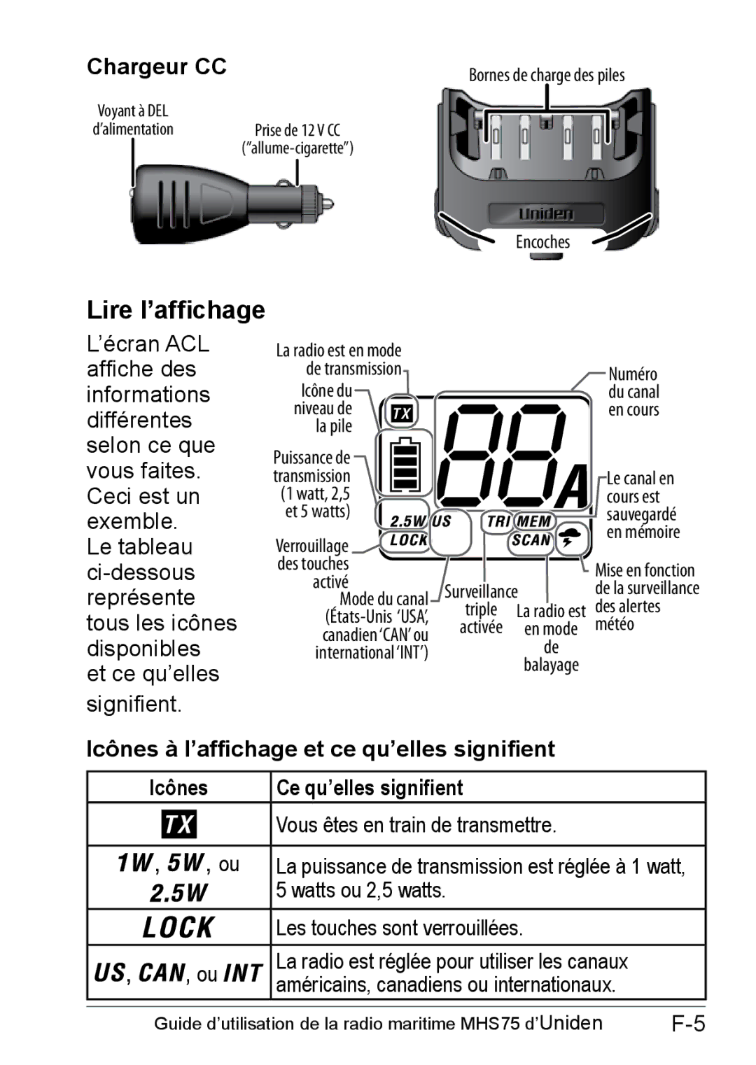 Uniden MHS75 owner manual Lire l’affichage, Chargeur CC 