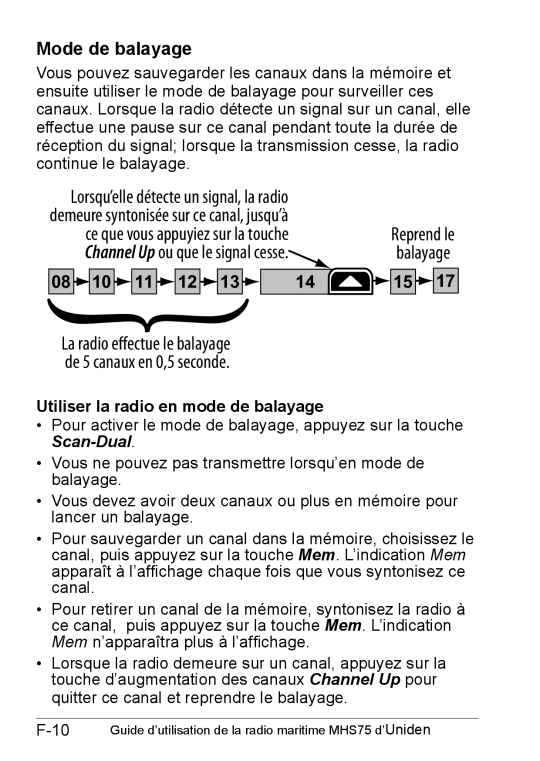 Uniden MHS75 owner manual Mode de balayage, Utiliser la radio en mode de balayage 