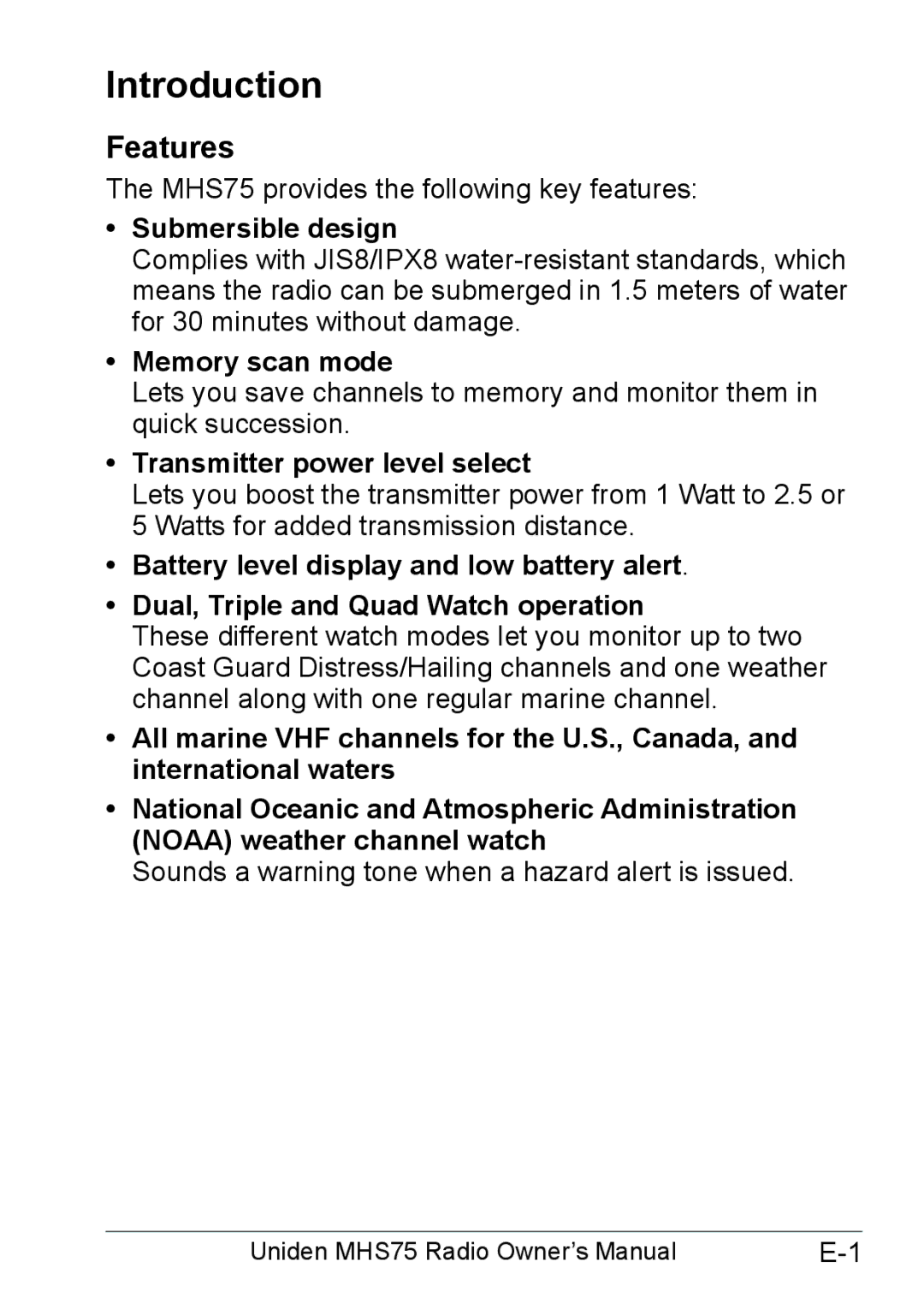 Uniden MHS75 owner manual Introduction, Features, Submersible design, Memory scan mode, Transmitter power level select 