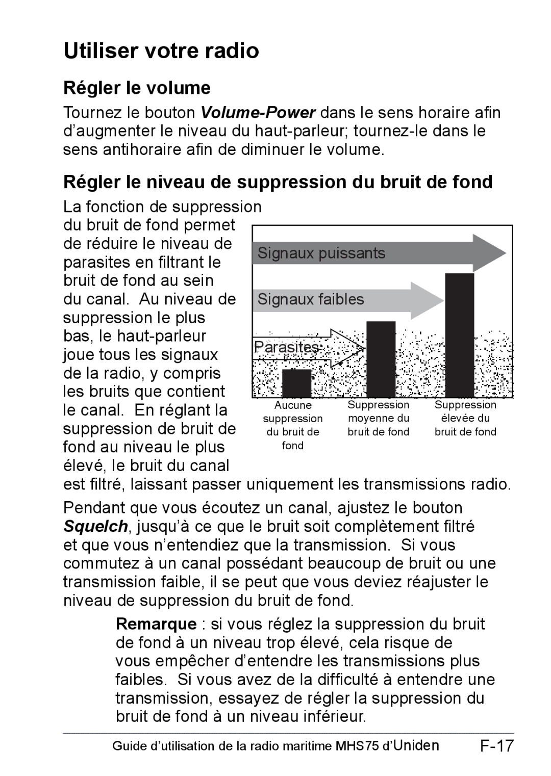 Uniden MHS75 owner manual Utiliser votre radio, Régler le volume, Régler le niveau de suppression du bruit de fond 