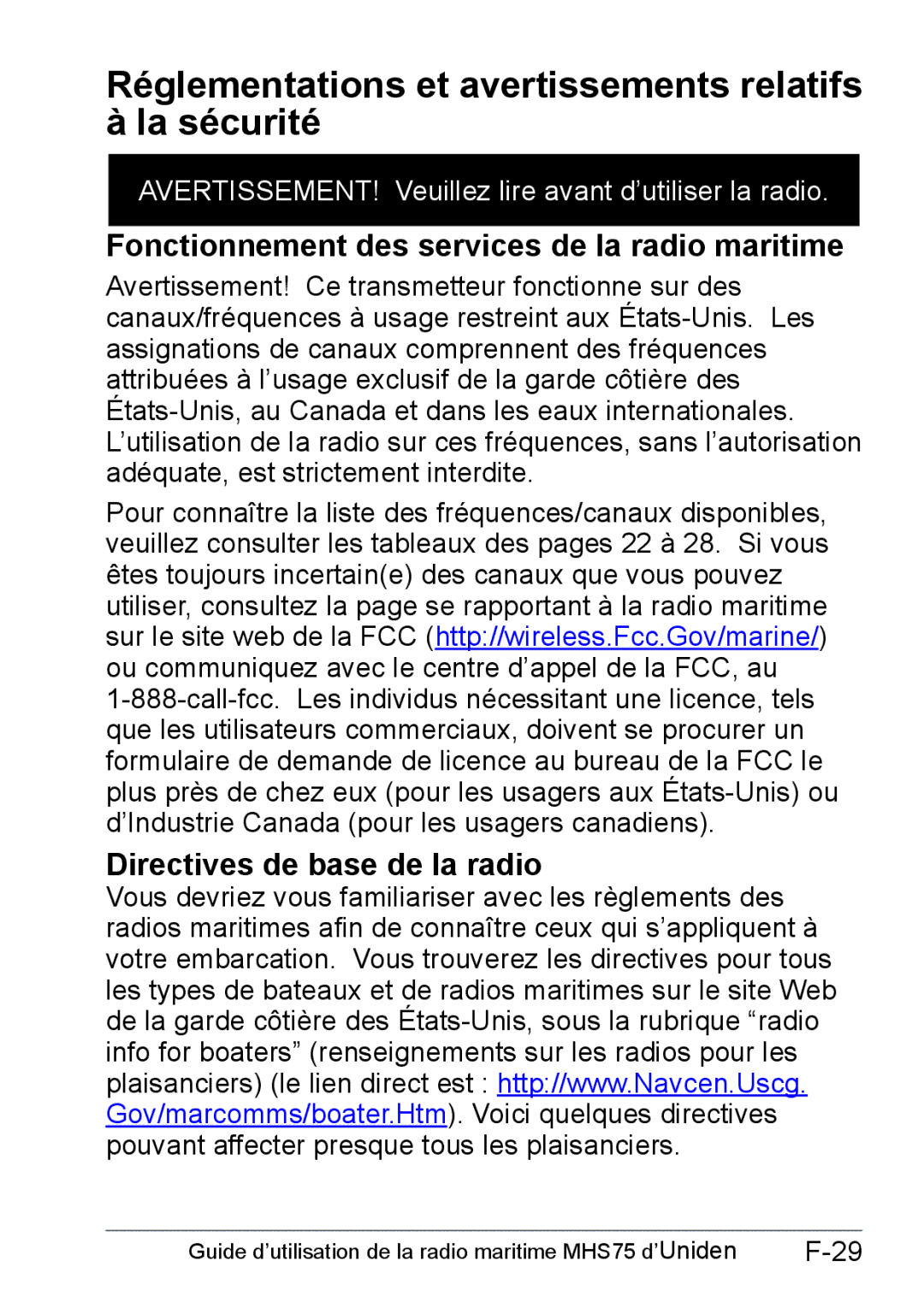 Uniden MHS75 Réglementations et avertissements relatifs à la sécurité, Fonctionnement des services de la radio maritime 