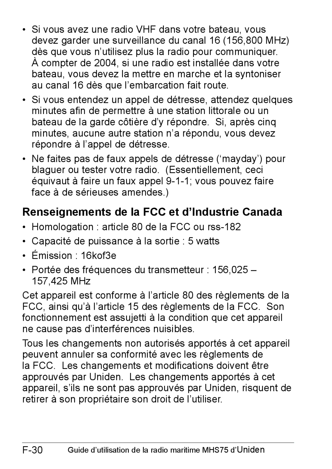 Uniden MHS75 owner manual Renseignements de la FCC et d’Industrie Canada 