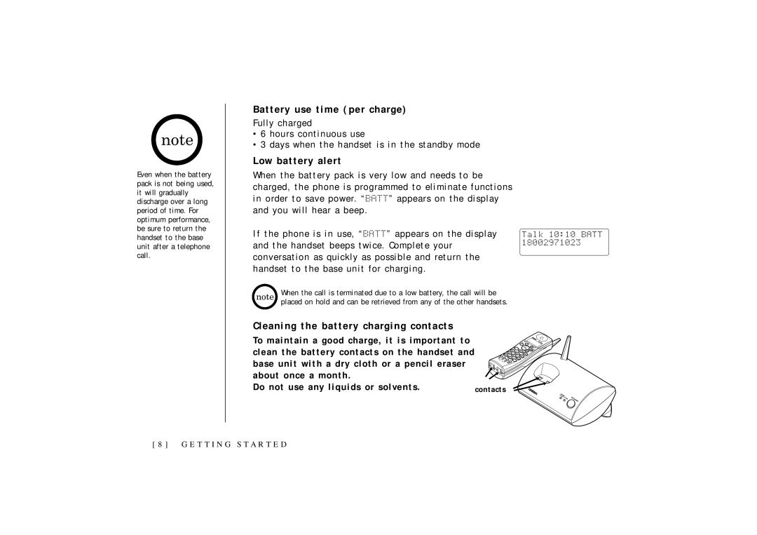 Uniden OCT4960-2 manual Battery use time per charge, Low battery alert, Cleaning the battery charging contacts 