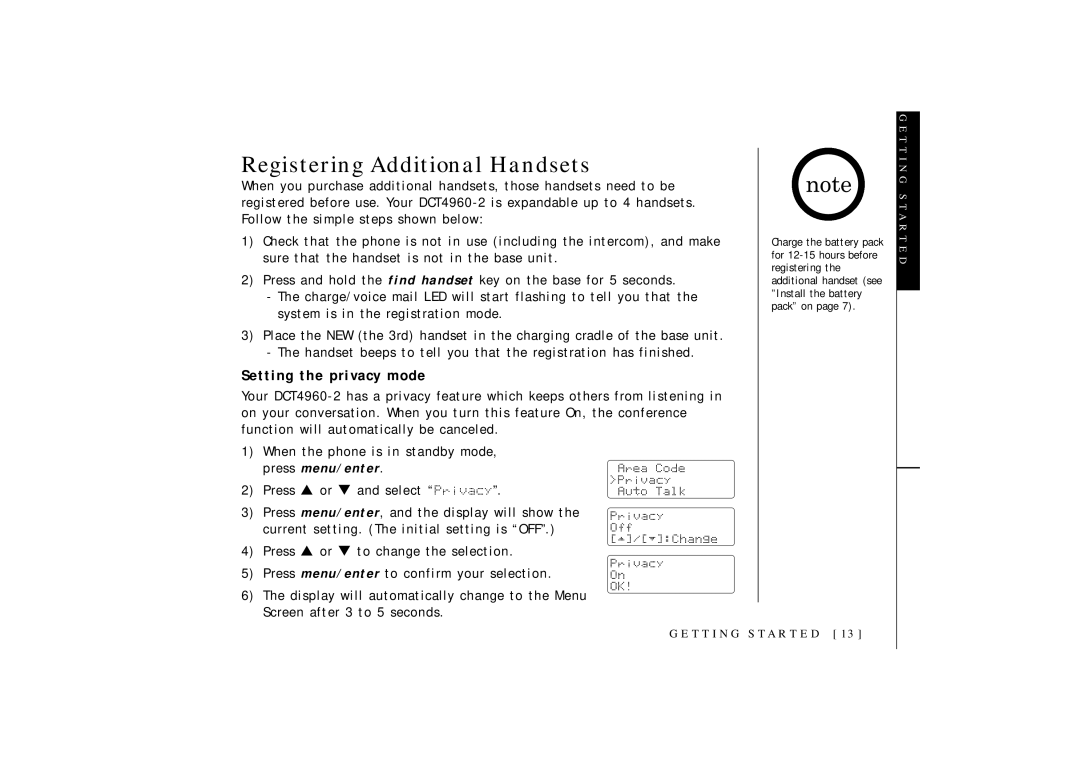 Uniden OCT4960-2 manual Registering Additional Handsets, Setting the privacy mode 