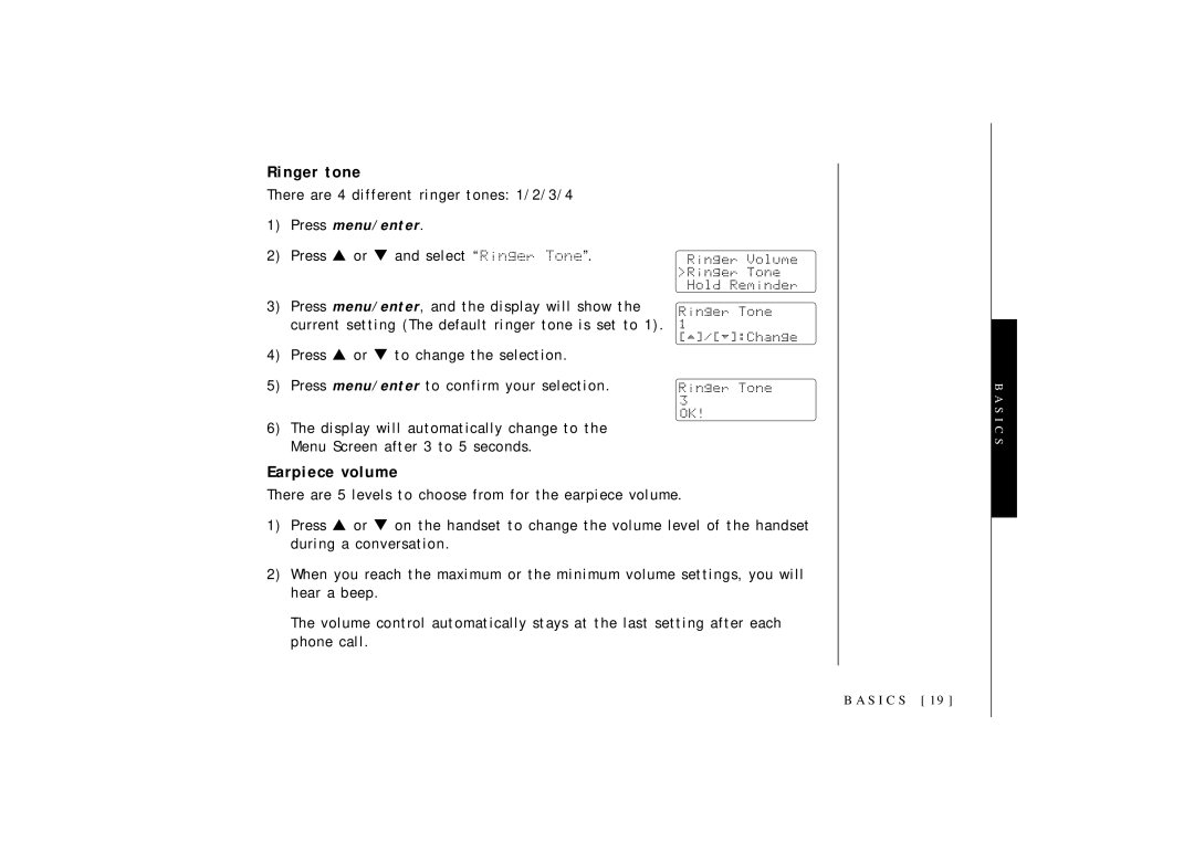 Uniden OCT4960-2 manual Ringer tone, Earpiece volume 