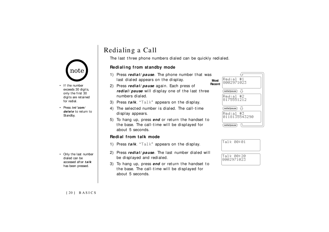 Uniden OCT4960-2 manual Redialing a Call, Redialing from standby mode, Redial from talk mode 