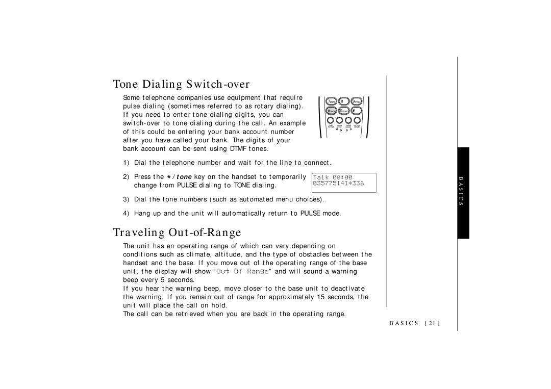 Uniden OCT4960-2 manual Tone Dialing Switch-over, Traveling Out-of-Range 