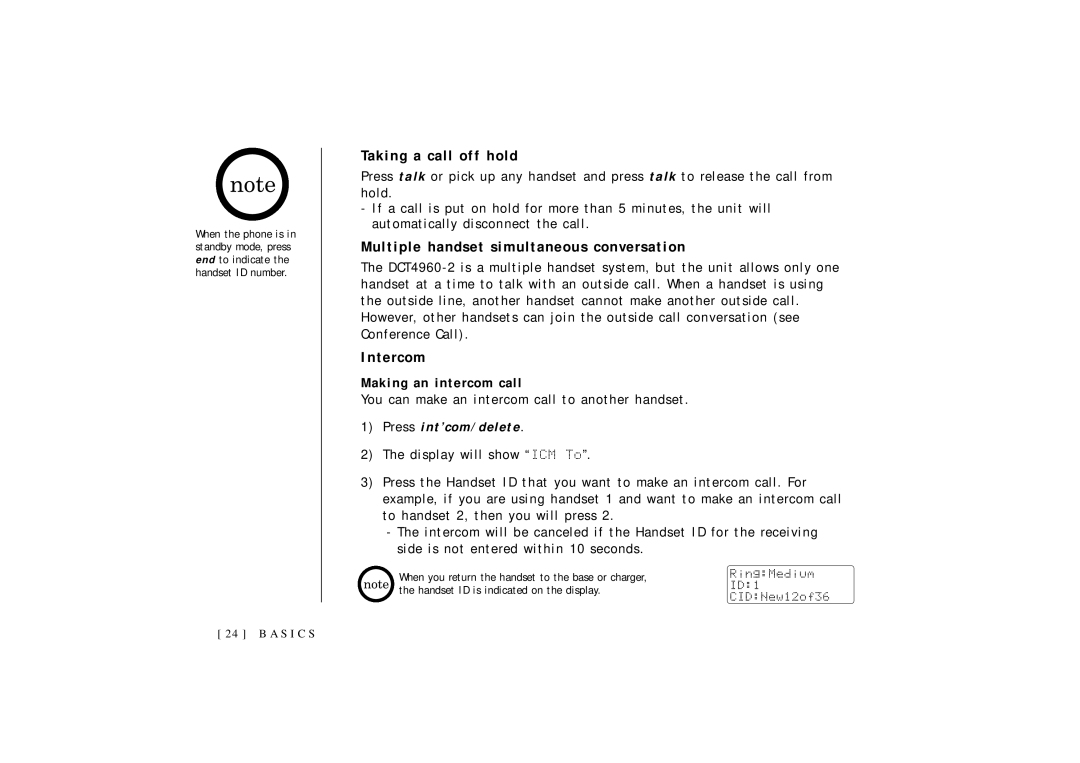 Uniden OCT4960-2 Taking a call off hold, Multiple handset simultaneous conversation, Intercom, Making an intercom call 