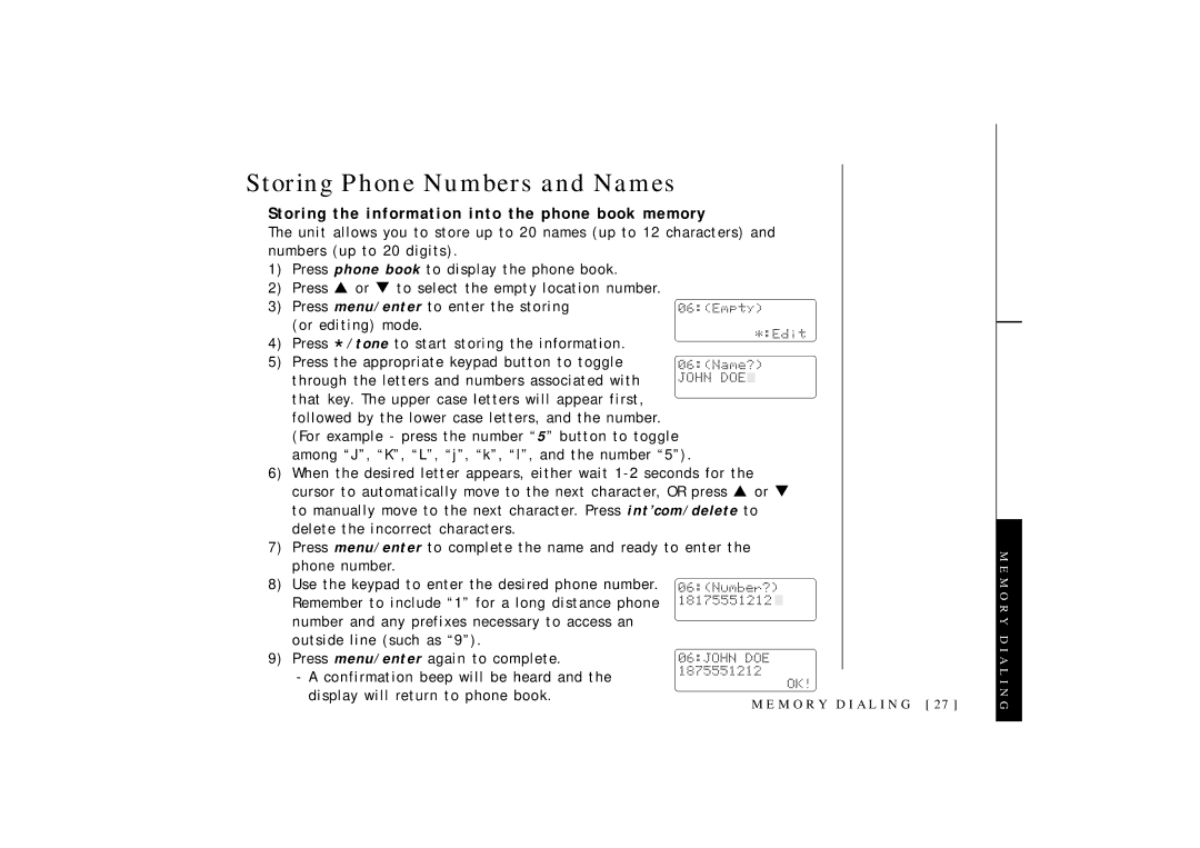 Uniden OCT4960-2 manual Storing Phone Numbers and Names, Storing the information into the phone book memory 