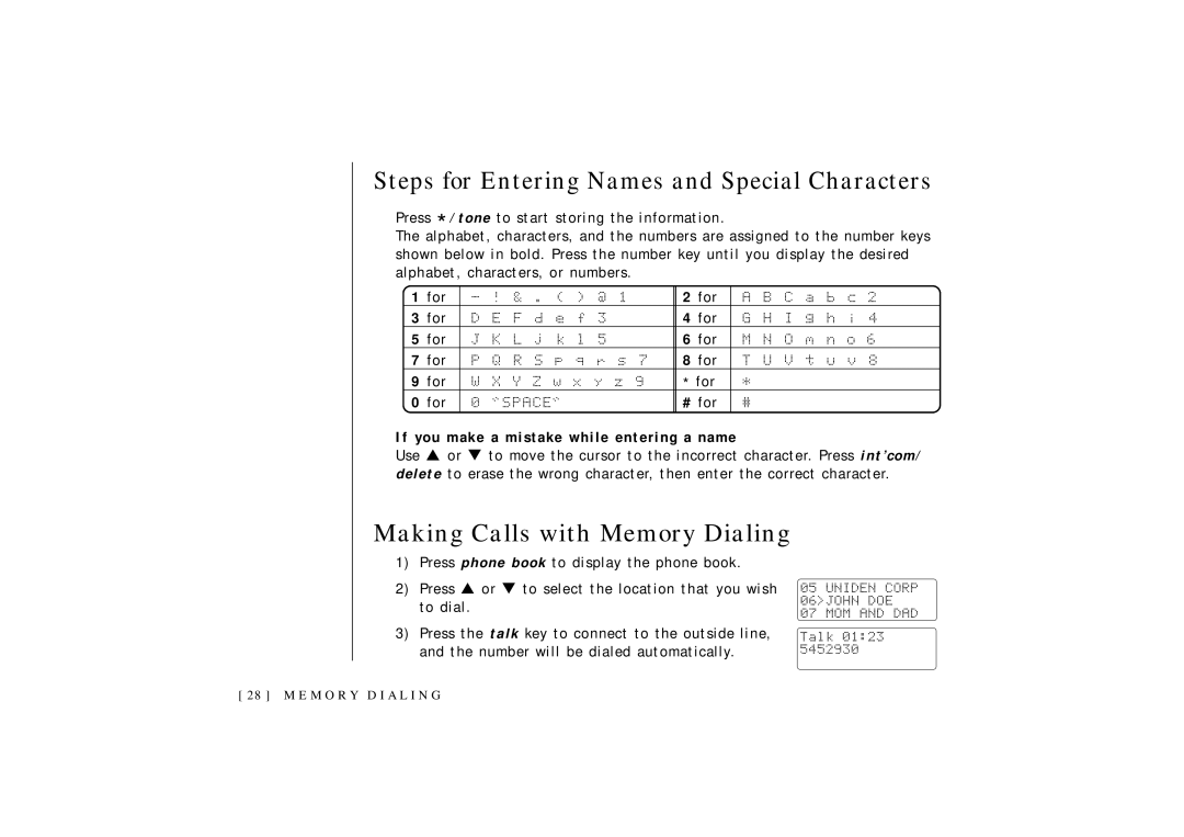 Uniden OCT4960-2 manual Making Calls with Memory Dialing, If you make a mistake while entering a name 