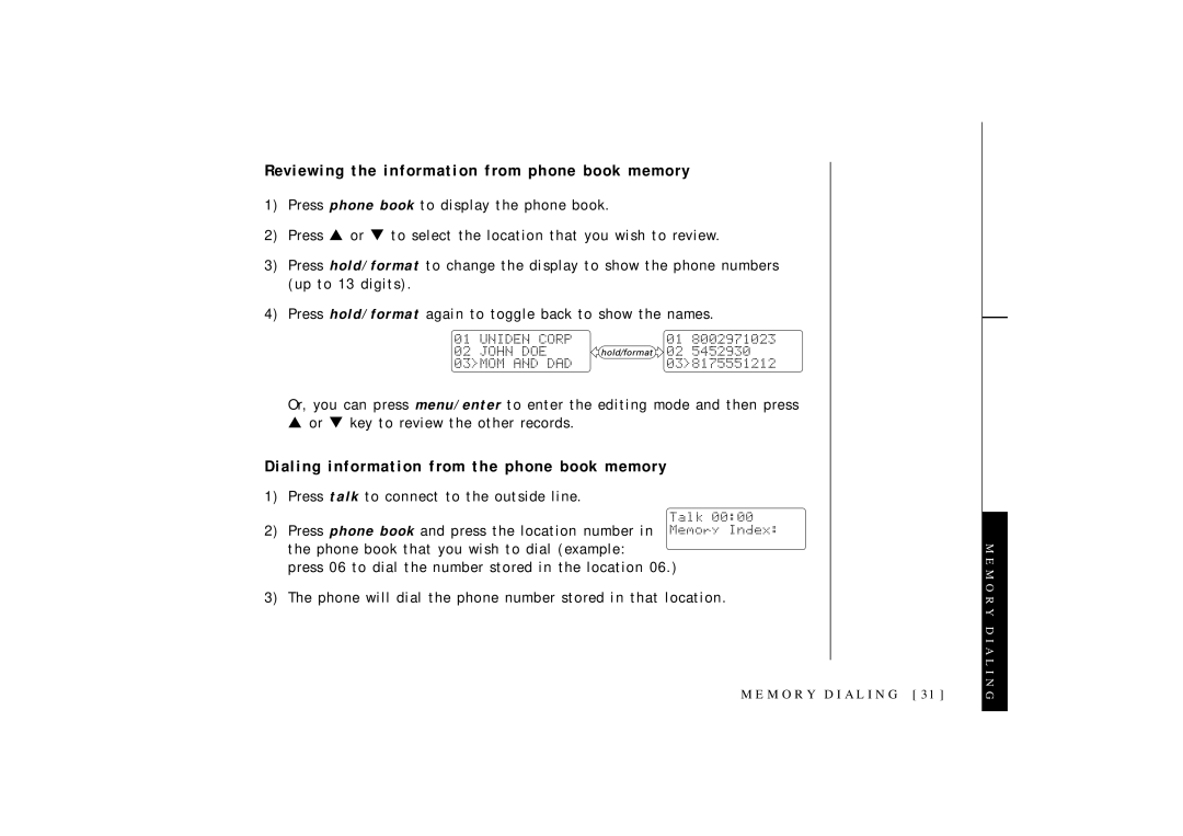 Uniden OCT4960-2 manual Reviewing the information from phone book memory, Dialing information from the phone book memory 