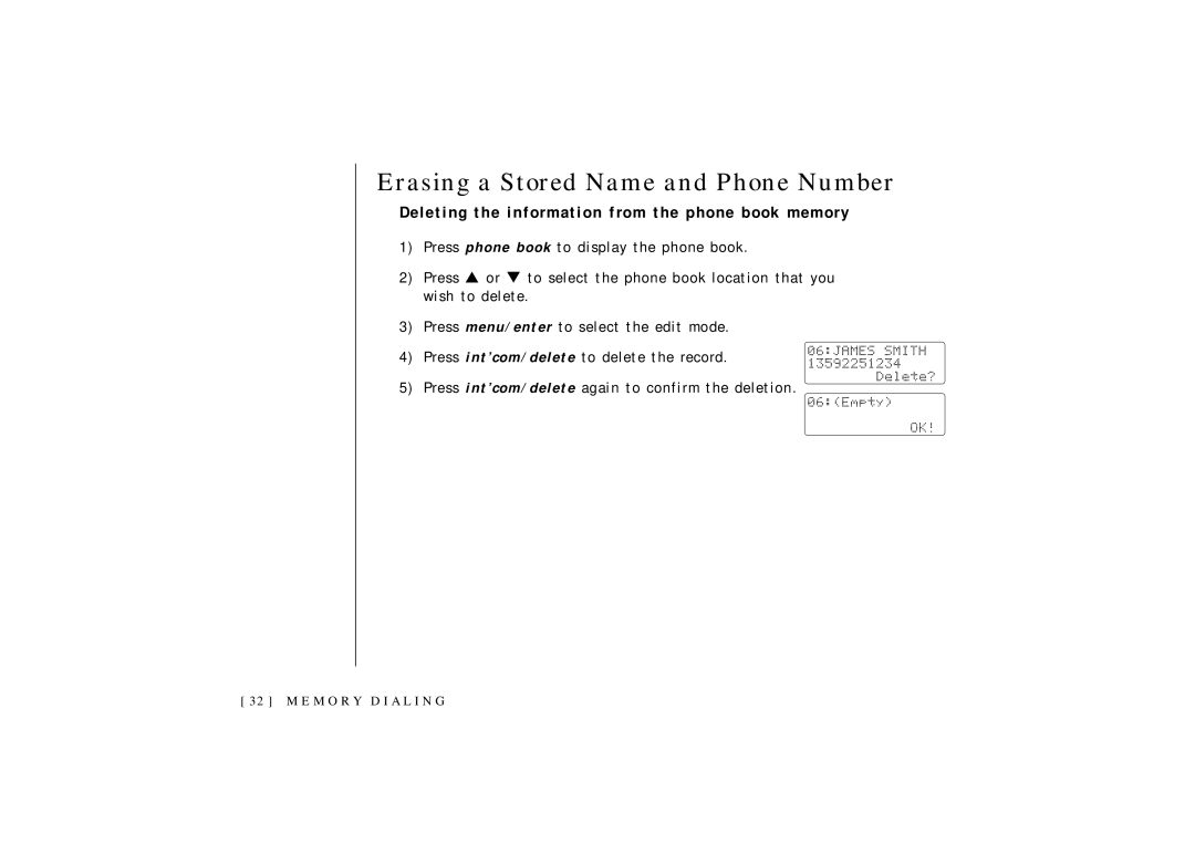 Uniden OCT4960-2 manual Erasing a Stored Name and Phone Number, Deleting the information from the phone book memory 
