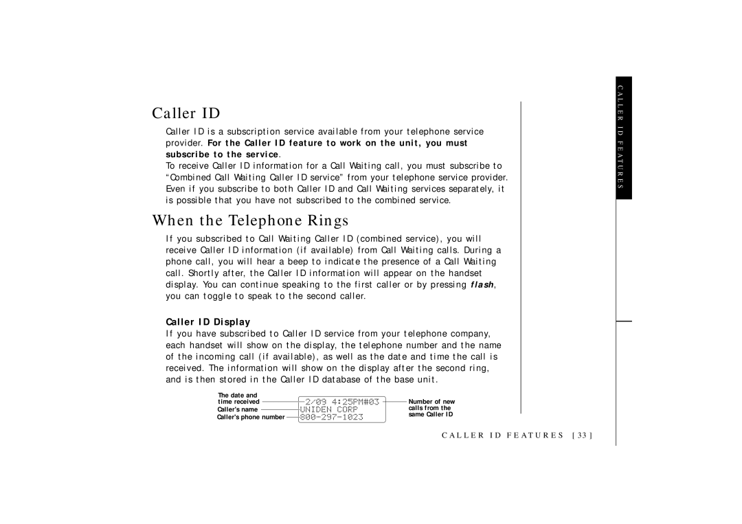 Uniden OCT4960-2 manual When the Telephone Rings, Caller ID Display 