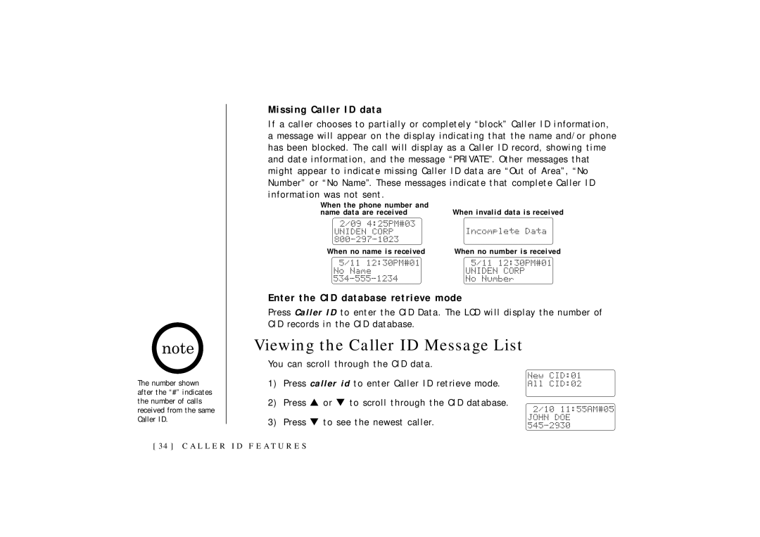 Uniden OCT4960-2 manual Viewing the Caller ID Message List, Missing Caller ID data, Enter the CID database retrieve mode 