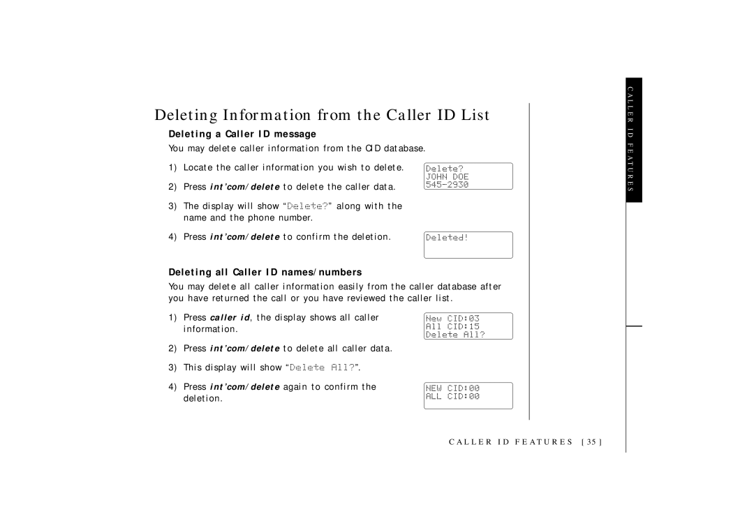 Uniden OCT4960-2 manual Deleting Information from the Caller ID List, Deleting a Caller ID message 