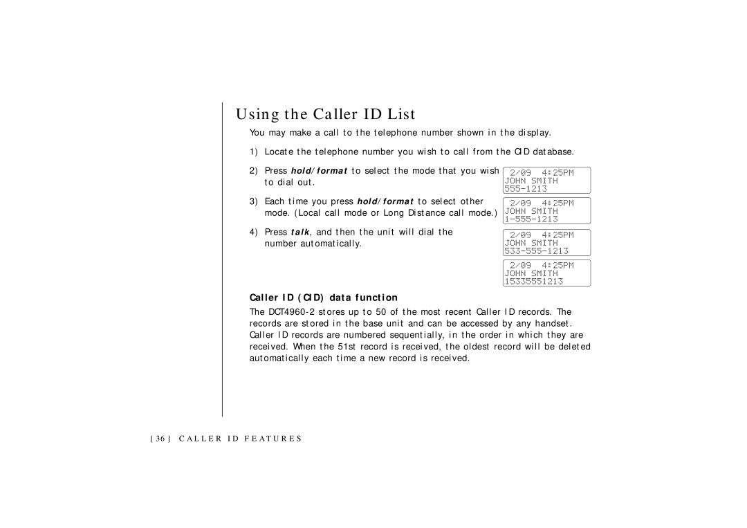 Uniden OCT4960-2 manual Using the Caller ID List, Caller ID CID data function 