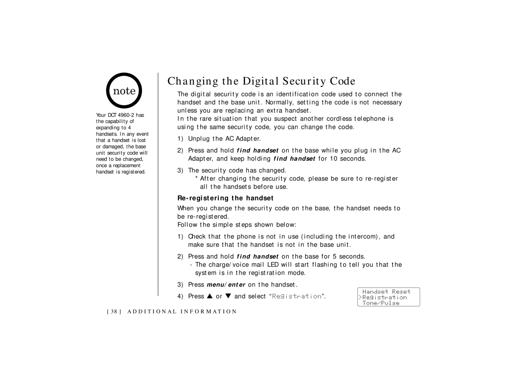 Uniden OCT4960-2 manual Changing the Digital Security Code, Re-registering the handset 