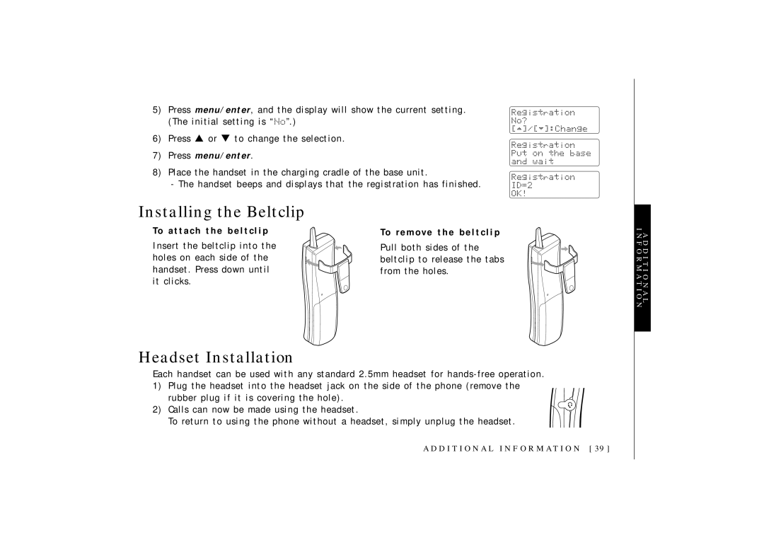 Uniden OCT4960-2 manual Installing the Beltclip, Headset Installation, To a t t a c h t h e b e l t c l i p 