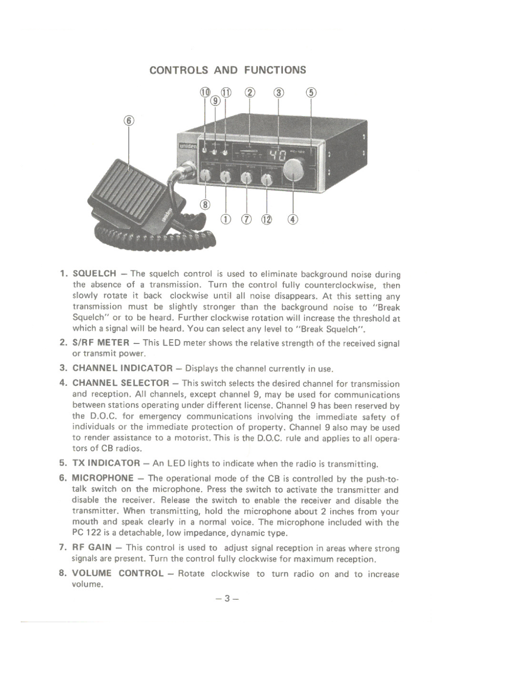 Uniden PC122AM/SSB owner manual @ @ @, Controls and Functions 