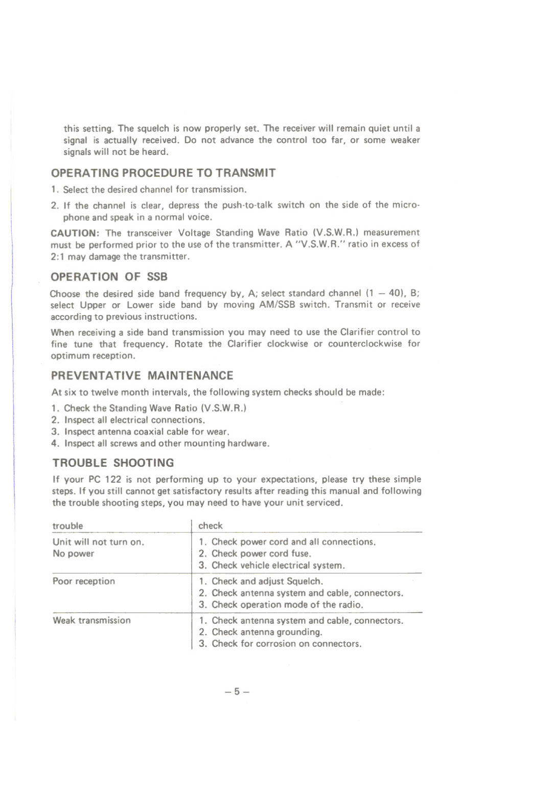 Uniden PC122AM/SSB owner manual Operation of SSB, Preventative Maintenance 