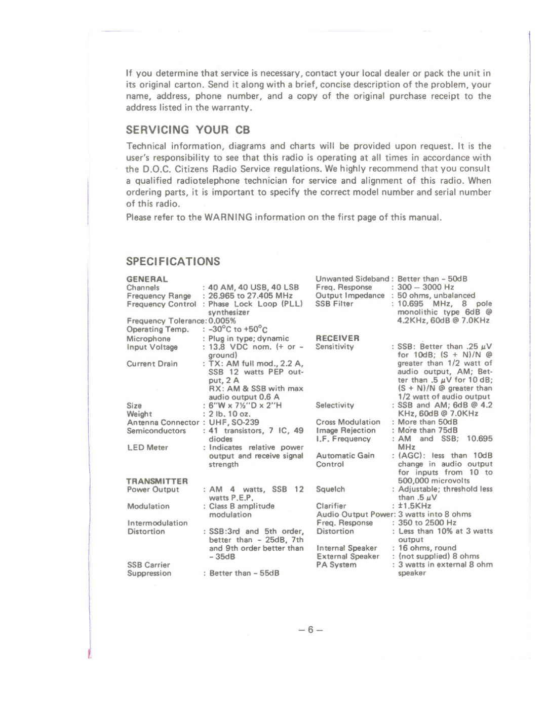 Uniden PC122AM/SSB owner manual Servicing Your CB 