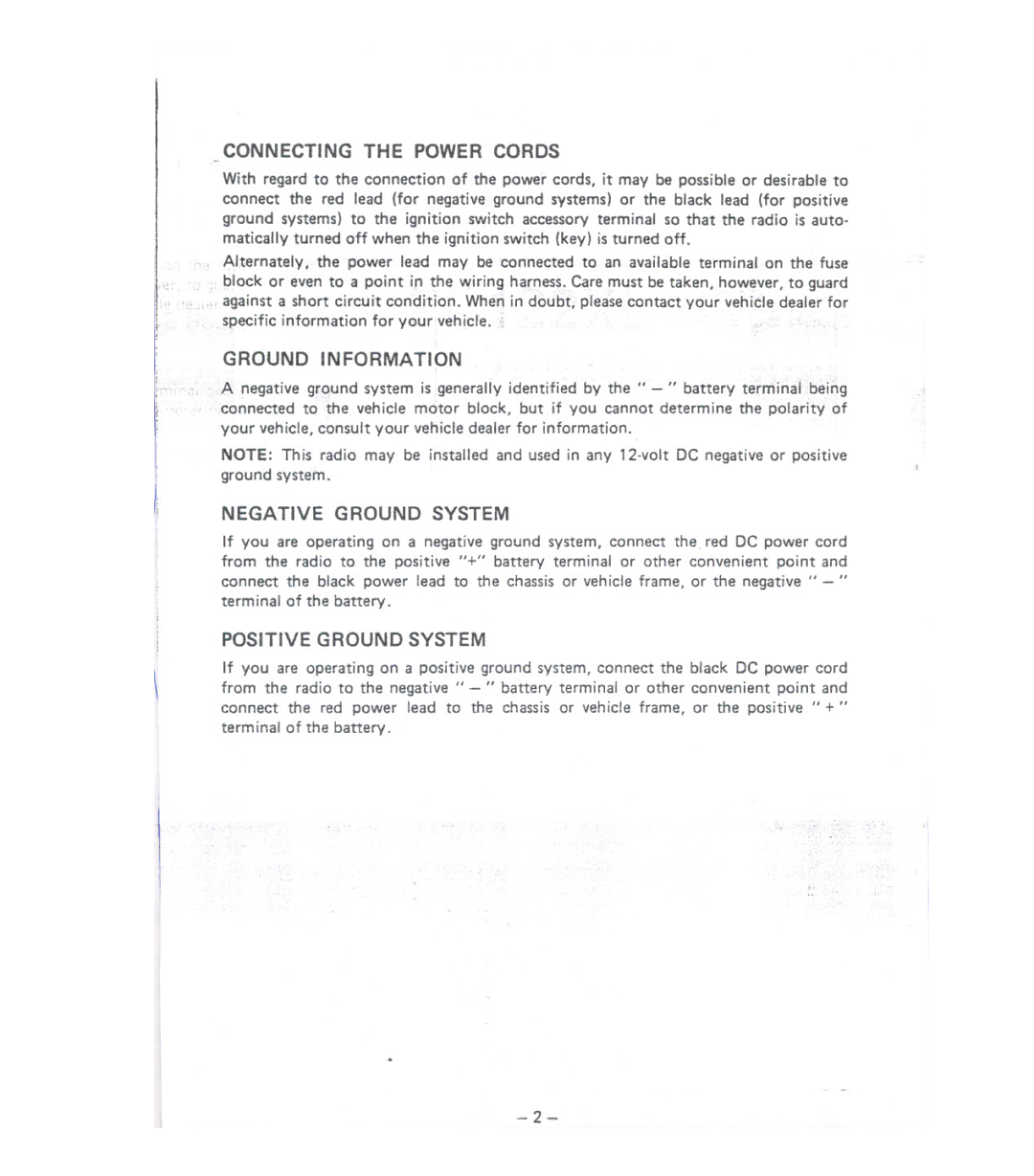 Uniden PC122XL manual Connecting the Power Cords, Negative Ground System, Positive Ground System 