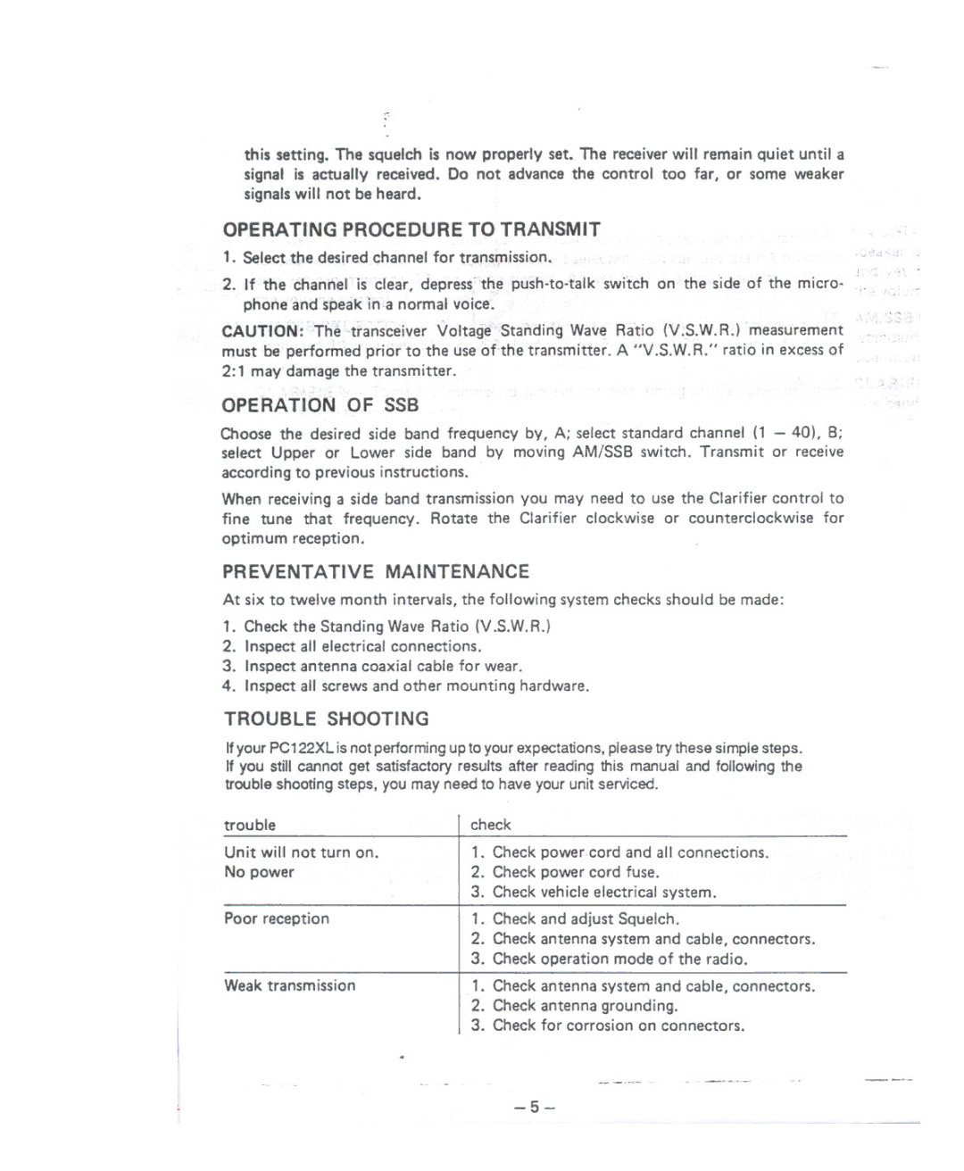Uniden PC122XL manual Operating Procedure to Transmit, Operation,O,Fssb, Trouble Shooti NG, Unit will not turn on. No power 