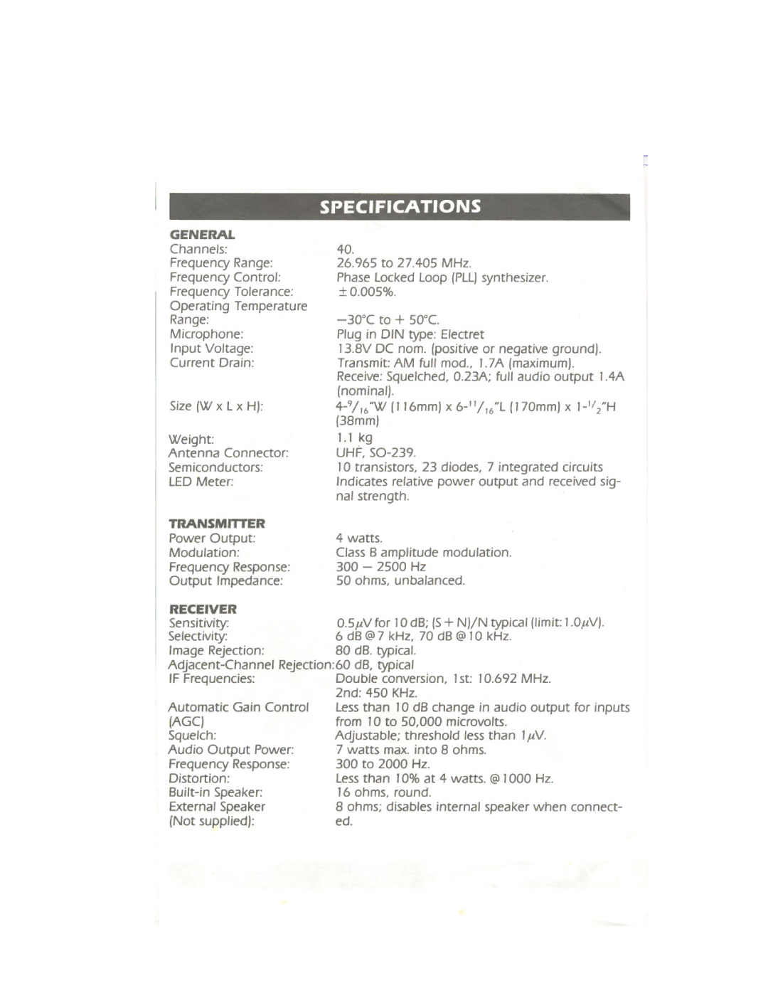 Uniden PC33X manual Specifications, Nal strength 